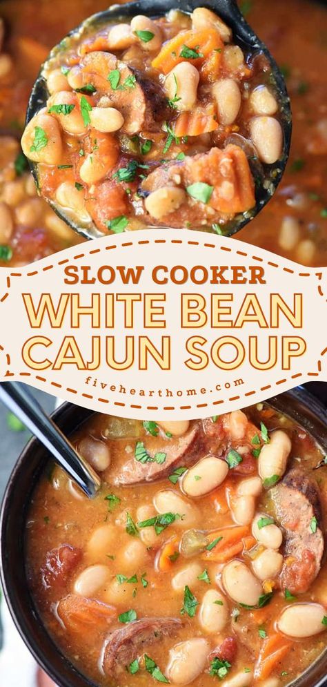 Slow Cooker White Bean Cajun Soup, comfort food recipes, simple dinner recipes Cajun Soup, Slow Cooker Cajun, Bean And Sausage Soup, Beans In Crockpot, Slow Cooker Beans, Sausage Crockpot, Cheesy Potato Soup, Beans And Sausage, Crockpot Meal