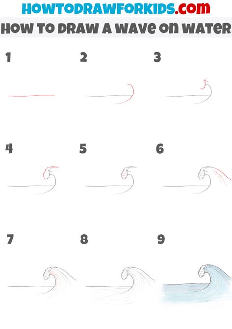 how to draw a wave on water step by step How To Draw A River Step By Step, How To Draw Waves Step By Step, How To Draw A Wave, How To Draw Sea, How To Draw Waves, Water Doodles, Water Step By Step, Draw Waves, Drop Drawing