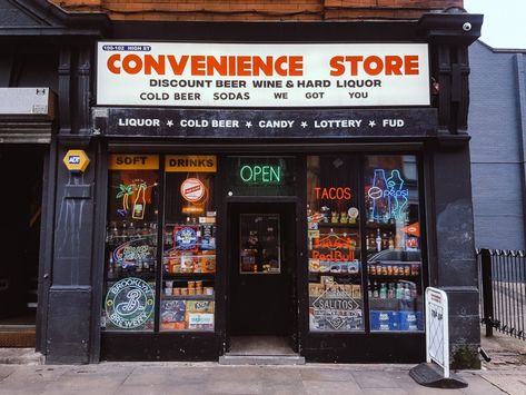 Convenience Store Bar, Manchester Cool Convenience Store, Store Fronts Design, Mini Store Ideas, Mini Convenience Store, Convenience Store Design, Neon Pizza, Uk Restaurants, Mini Mart, Break Ideas