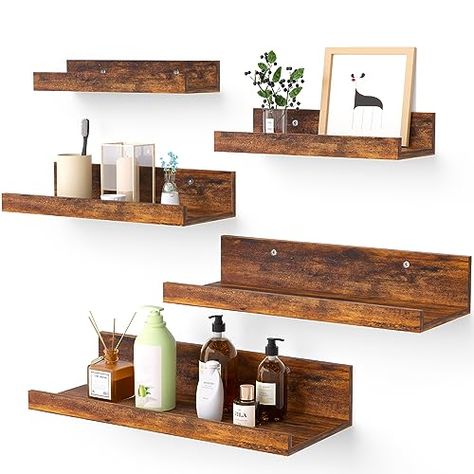 Upsimples Home Floating Shelves for Wall Decor Storage, Wall Shelves Set of 5, Wall Mounted Wood Shelves for Bedroom, Living Room, Bathroom, Kitchen, Small Picture Ledge Shelves, Brown Storage Wall Shelves, Wall Mounted Wood Shelves, Shelves Brown, Ledge Shelves, Floating Kitchen Shelves, Picture Ledge Shelf, Shelves For Wall, Floating Shelves Kitchen, Wall Decor Storage