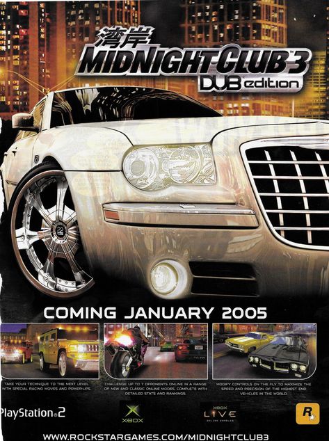 Midnight Club 3 Midnight Club Poster, Midnight Club Aesthetic, Ps2 Aesthetic, Game Ads, Midnight Club, Tokyo Drift, Ford Mustang Coupe, Video Game Posters, Graphic Book