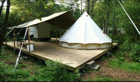 tent on platform Tent Platform, Yurt Tent, Tent Living, Camping Photo, Bell Tent, Camping Decor, Camping Locations, Camping Area, Luxury Camping