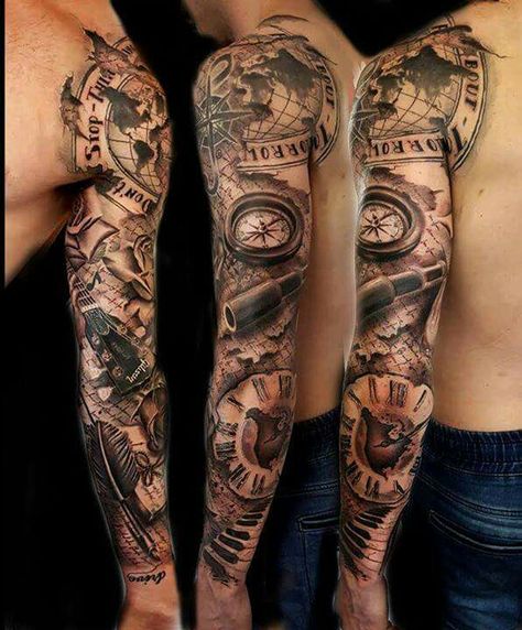 Full sleeve clock Nautical Sleeve, Nautical Tattoo Sleeve, Cool Half Sleeve Tattoos, Pirate Tattoo, Map Tattoos, Forarm Tattoos, Nautical Tattoo, Cat Tattoos, Watch Tattoos