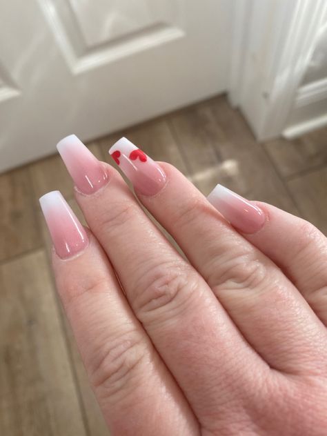 Pink To White Ombre Nails With Design, Pink And White Nails With Hearts, Pink And White French Tip Acrylic Nails Coffin, Pink Ombre Nails With Hearts, Pink And White Ombre Valentine Nails, Ombre With Heart Nails, Ombre Valentines Nails Heart, Ombre Nail With Heart, French Ombre Valentines Nails