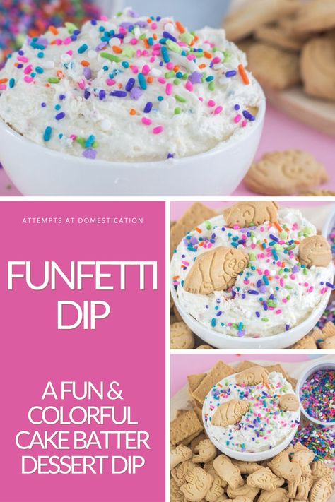 Funfetti dip is very simple to make. It's sweet, delicious, and the perfect treat for kids! All you need is confetti cake, Cool Whip, and sprinkles. Confetti Cake Dip, Funfetti Dip Recipe, Easy Cake Mix Desserts, Cake Dip Recipe, Dip For Parties, Confetti Dip, Funfetti Dip, Cake Batter Dip, Cake Dip