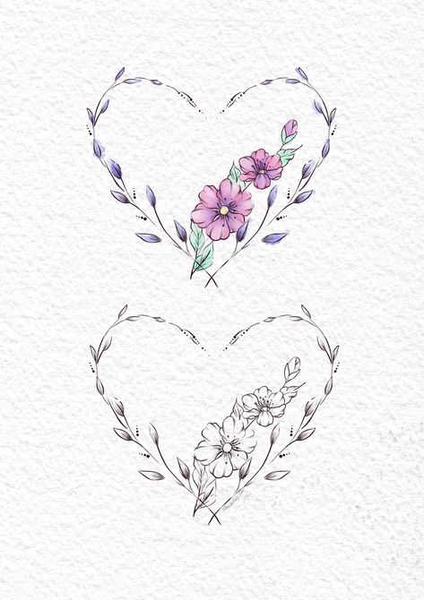 Heart And Flower Tattoo Designs, Flower Heart Tattoo Designs, 2 Hearts Tattoo, Flower Heart Tattoo, Heart Flower Tattoo, Tattoo Minimal, Heart Tattoo Designs, Tattoo Sketch, Pola Sulam