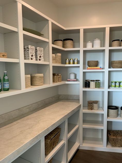 Build Your Own Buffet Ideas, Build Your Own Pantry Shelves, Serving Counter In Kitchen, Narrow Pantry Design Ideas, Hidden Pantry Floor Plan Storage, Awkward Pantry Space, Pantry With Window Walk In, Walk In Pantry Ideas Layout With Fridge, Small Walk In Pantry With Countertop