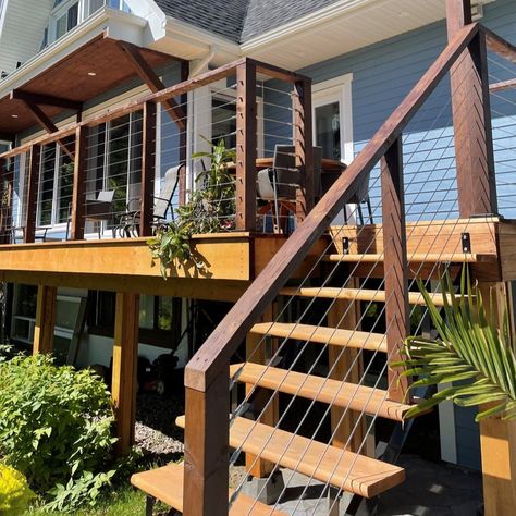 Classic Cable Railing System – Timber Post – Gauthier De LaPlante Wire Deck Railing, Timber Bench Seat, Deck Stair Railing, Loft Railing, Cable Railing Deck, Pipe Railing, Deck Remodel, Deck Railing Design, Cable Railing Systems