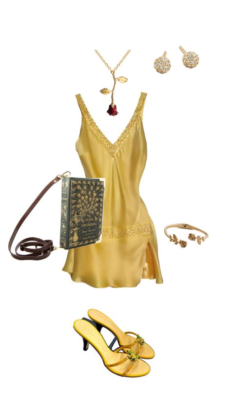 cute yellow outfit fashion book reading purse belle costume mini dress rose heels Belle Halloween Costume, Rose Heels, Belle Halloween, Halloween Parejas, Belle Costume, Yellow Mini Dress, Mini Dress Outfits, Fashion Book, Heels Outfits