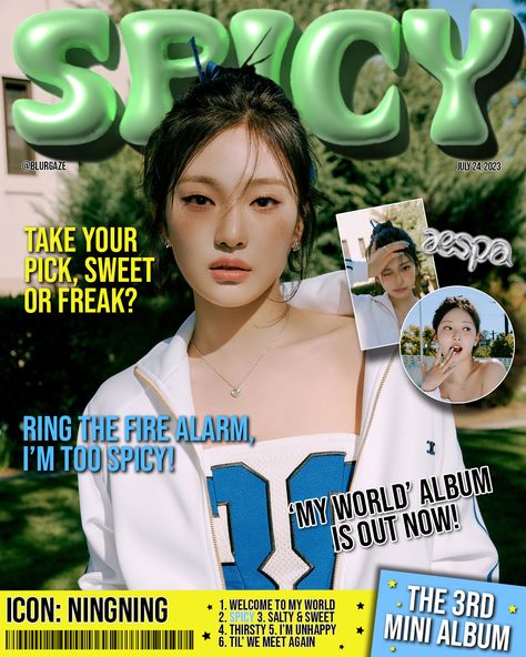 K Pop Magazine Cover, Giselle Aespa Poster, Aespa Magazine, Showcase Poster, Idol Poster, Aespa Spicy, Kpop Magazine, Magazine Edit, Cartoons Magazine