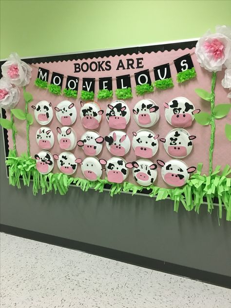 QR code still needs to be added to each Cow to access their oral book recommendation Farm Classroom Theme Bulletin Boards, Cow Classroom Door, Cow Themed Classroom Ideas, Cow Bulletin Board Ideas, Cow Theme Classroom, Cow Print Classroom Theme, Cow Bulletin Board, Farm Classroom Decorations, Cow Classroom