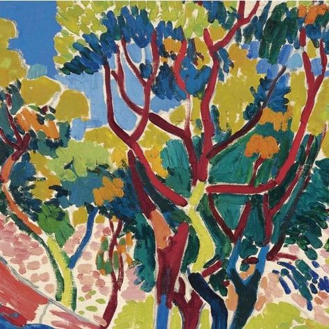 Best landscape and still life masterpieces daily on Instagram: "№ 3150 André Derain (French, 1880 – 1954) ARBRES À COLLIOURE oil on canvas, 65 by 81cm. Private collection • Painted in 1905, Arbres à Collioure represents the pinnacle of Derain's career as well as of the Fauve movement. Its vibrant palette and wildly expressive composition place it among the artist's greatest achievements. Indeed, it is the unique painterly quality of the work which reflects precisely the power and immediacy of t Andre Derain Paintings, Fauvist Art, Andre Derain, André Derain, Batik Art, Fauvism, Cool Landscapes, Figurative Sculpture, Modern Painting