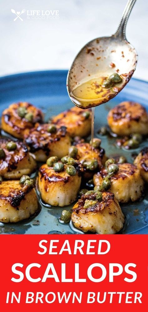 Sea scallops cooked in a homemade brown butter sauce, complete with garlic, fresh lemon juice, and capers. Seared Scallops with Brown Butter are delicious, elegant, and the perfect combination of zesty and savory. This easy meal is sure to become a family favorite! Easy Lemon Recipes, Brown Butter Scallops, Lemon Recipes Easy, Butter Scallops, Grilled Burger Recipes, Easy Recipes For Family, Grilled Turkey Burgers, Lemon Caper Sauce, Baked Scallops