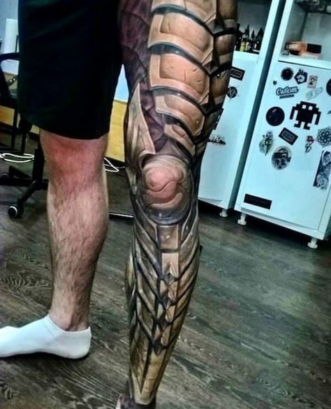 Armor Tattoo Designs You Must Try Armour Tattoo, Shoulder Armor Tattoo, Tatoo 3d, Full Leg Tattoos, Armor Tattoo, Tattoo Leg, Biomechanical Tattoo, Trendy Tattoo, Incredible Tattoos