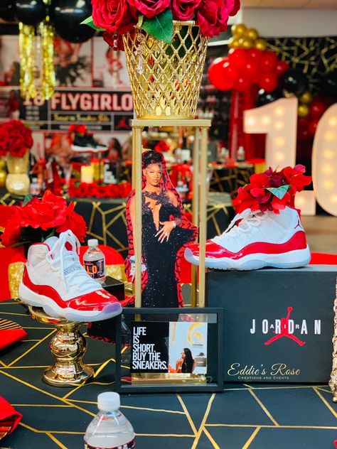 Jordan And Jersey Party Ideas, 21st Birthday Sneaker Ball, Sneakerball Sweet 16, Sneaker Ball Theme Party, Sneaker Ball Party Ideas Women, Sneaker Ball Birthday Party Ideas, Sneaker Ball Decor Ideas, Sneaker Centerpiece Ideas, Sweet 16 Sneaker Ball Party Ideas