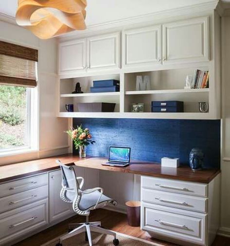 Home Office 2 Desks Layout Small Space, Office 2 Desks, Home Office 2 Desks Layout, Home Office 2 Desks, Home Office Two Desks, Desk In Front Of Window, Home Study Design, Blue Home Offices, Diy Corner Desk