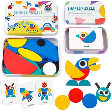 Shapes Puzzles, Joululahjat Diy, Wooden Block Puzzle, Game Wood, Preschool Montessori, Shape Puzzle, Stack Game, Tangram Puzzles, Game Card Design