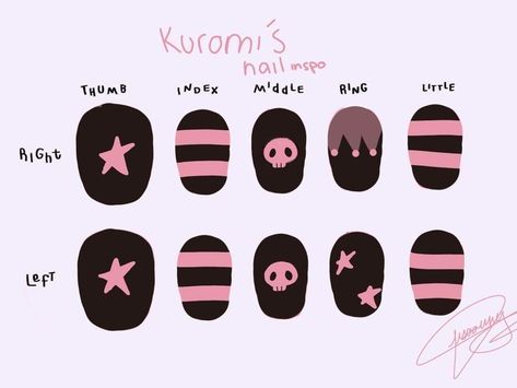 Kuromi Nail Art Simple, Short Alt Nail Ideas, Simple Emo Nail Designs, Nail Ideas Sanrio, Simple Anime Nail Designs, Omori Nails Ideas, Sanrio Nail Art Kuromi, Nail Designs Sanrio, Kuromi Short Nails