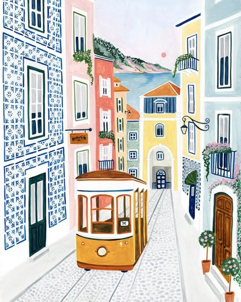 Amber Davenport (@amberstextiles) • Instagram photos and videos Amber Davenport Illustration, Watercolor Cityscape Easy, Lisbon Drawing, Lisbon Painting, Lisbon Illustration, Amber Davenport, Portuguese Art, Portugal Art, Ideas Cuadros