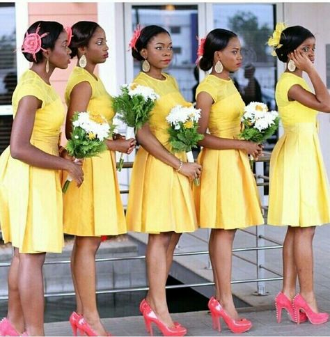 Cute bridesmaid dresses!! Mocha Bridesmaid Dresses, African Bridesmaids, Yellow Bridesmaid, African Bridesmaid Dresses, Turquoise Bridesmaid Dresses, Short Wedding Dresses, Dresses For Weddings, Knee Length Bridesmaid Dresses, Yellow Lace Dresses