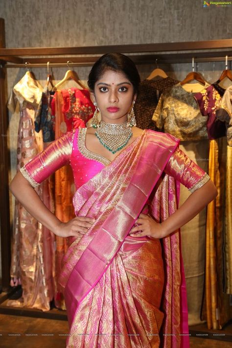 Pink Pattu Saree, Telugu Heroines, Pattu Saree Blouse Designs, Wedding Saree Collection, Trendy Blouse, Silk Saree Blouse Designs, God Shiva, Silk Saree Blouse, Green Saree