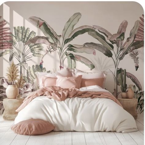 Tropical Themed Bedroom Ideas, Girls Jungle Bedroom, Glam Girls Bedroom, Pink Jungle Wallpaper, Jungle Bedroom Theme, Jungle Boho, Pastel Backdrop, Seaside Wallpaper, Jungle Bedroom