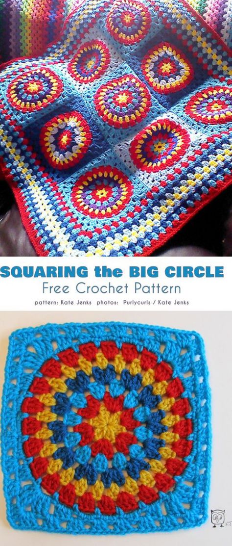 Squaring the Big Circle Afghan Block Free Crochet Pattern Circle Crochet Blanket, Crochet Blanket Ideas, Circle Crochet, Crochet Squares Afghan, Blanket Ideas, Crochet Blocks, Crochet Circles, Freeform Crochet, Crochet Square Patterns