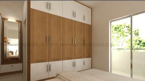 Balsam - A full wall length wardrobe in Walnut Bonze and Glossy White finish. This wardrobe design is more suitable for comparatively spacious bedrooms. Wadroob Design Bedroom Indian, Small Room Wardrobe Ideas, Wooden Wardrobe Designs, Latest Cupboard Designs, Wall Wardrobe Design, Wooden Wardrobe Design, Bedroom Built In Wardrobe, Bedroom Cupboard, Modern Cupboard Design