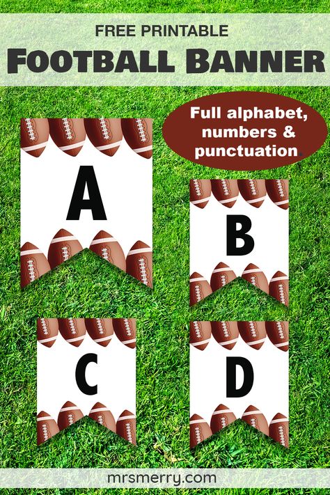 Available in letters A-Z, numbers 0-9 and punctuation. Print the letters you need & create your own free banner for your football party or birthday celebration. Free party decor. #footballparty #freeprintables #footballbanner #diybanner #sportsdecor #birthdayparty #freepartydecorations #boyparty Flag Football Party, Happy Birthday Football, Football Party Decorations, Congratulations Banner, Football Banner, Its A Boy Banner, Letter Banner, Football Birthday Party, Thanksgiving Banner