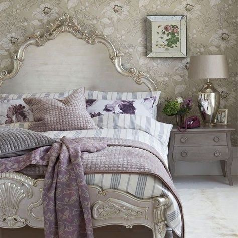 Color Therapy: Lavender | The Indigo Lattice Girly Adult Bedroom, Glamour Bedroom Ideas, Bedroom Accents, Grey Bedroom Design, French Style Bed, Country Style Bedroom, French Style Bedroom, Silver Bedroom, Glamourous Bedroom