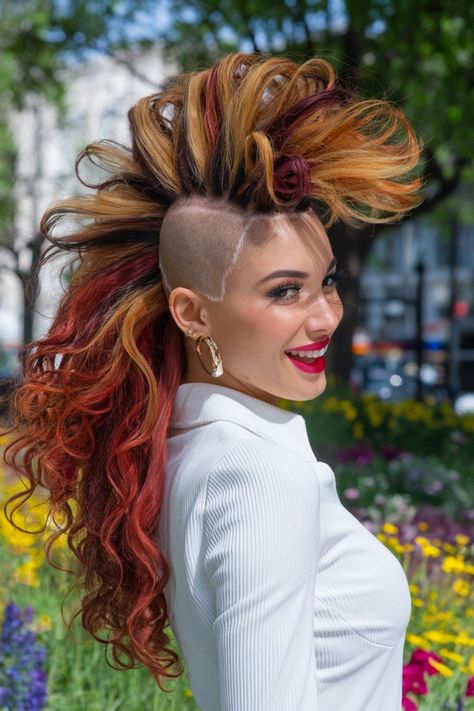 Embrace a vibrant twist on curly hairstyles with this stunning Mohawk look! Perfect for medium to long hair, this edgy style showcases your natural curls while offering a baddie vibe. The half up half down approach adds a playful touch, making it easy to wear for any occasion. Stand out this summer with a fresh take that's both cute and effortlessly stylish! #curlyhairstyles #Mohawk #Cute #Summer #Baddie Mohawk Hairstyles Women Long Hair, Curly Hair Mohawk Women, Mohawk Styles For Women, Colored Mohawk Woman, Long Hair Mohawk Updo Faux Hawk, Woman’s Mohawk Hairstyle, Summer Baddie, Medium To Long Hair, Mohawk Styles