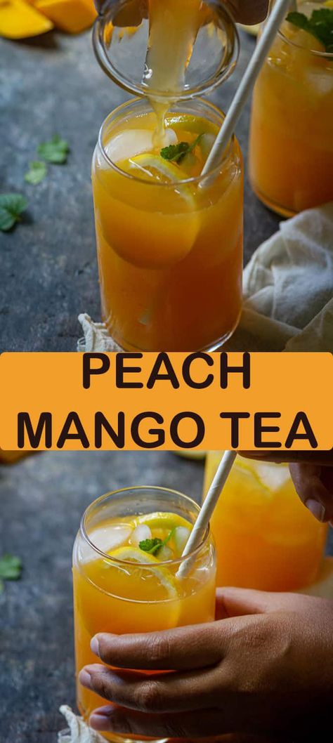 Enjoy this Peach mango Iced Tea on a hot summer day. Made with peaches, mangoes, and brewed green tea/ black tea. So easy and delicious! #tea #icedtea #summerdrink #refresher Peach Mango Refresher, Mango Peach Tea, How To Make Peach Tea, Tropical Iced Tea, Ice Green Tea Recipe, Peach Boba Tea Recipe, Mango Tea Recipe, Easy Iced Tea Recipes, Best Iced Tea Recipe