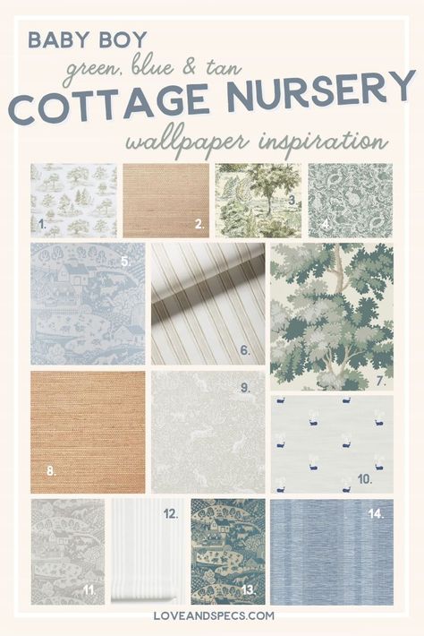 Boy Nursery With Wallpaper Accent Wall, Cream And Blue Nursery, Light Blue And Green Nursery, Blue Nursery Wallpaper, Little Boy Wallpaper, Wallpaper Nursery Boy, Cottage Playroom, Baby Boy Nursery Wallpaper, Nursery Wallpaper Ideas