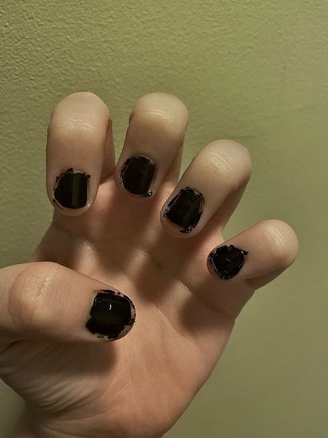 Short Grunge Nails Aesthetic, Black Chipped Nails Aesthetic, Messy Genius Aesthetic, Chipped Nail Polish Aesthetic Grunge, Bitten Nails Aesthetic, Messy Nail Polish Aesthetic, Messy Nails Aesthetic, Messy Nail Polish, Chipped Black Nails Aesthetic