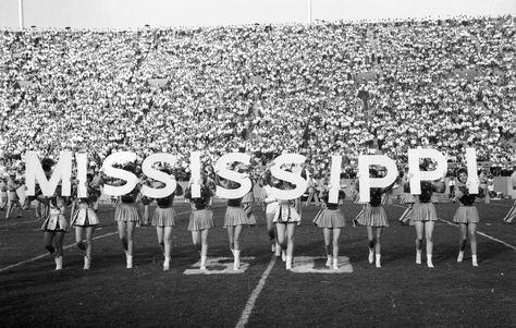 Mississippi cheerleaders holding letters during a game vs Arkansas at Mississippi Veterans Memorial Stadium, 1961. Postgrad Apartment, Ole Miss Art, The Grove Ole Miss, Art For Frames, Ole Miss Game Day, Bp Table, College Prints, Apartment Prints, Cheerleader Uniforms