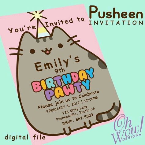 Pusheen Birthday Invitations, Pusheen Birthday, Lila Party, Kawaii Party, Cat Themed Parties, Kawaii Birthday, Best Costumes, Kitten Party, Cat Birthday Party