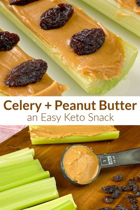 Collage of peanut butter on celery with raisins Celery And Peanut Butter, Celery Peanut Butter, Celery Snacks, Quick Easy Family Meals, Peanut Butter Snacks, Protein Packed Snacks, Low Carb Snack, Kid Friendly Snack, Snack Craving