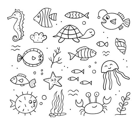 Ocean Life Doodles, Summer Doodle Art, Ocean Animals Doodles, Summer Doodles Easy, Ocean Doodles Aesthetic, Ocean Animal Drawings Easy, Ocean Animal Doodles, Florida Doodles, Beach Doodles Easy