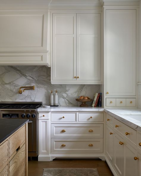 Marble Slab Backsplash, Backsplash White Cabinets, Brass Pot Filler, Slab Backsplash, White Wood Paneling, Kitchen Hood Design, Kitchen Renovation Inspiration, Concept Ideas, Gray Marble