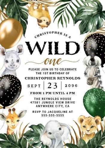 birthday invitation for kids Kids Birthday Invitation Card, 10th Birthday Invitation, Wild One First Birthday, Rainforest Theme, 1st Birthday Invitation Template, First Birthday Invite, Themed 1st Birthday, Zoo Birthday, 1st Birthday Party Invitations