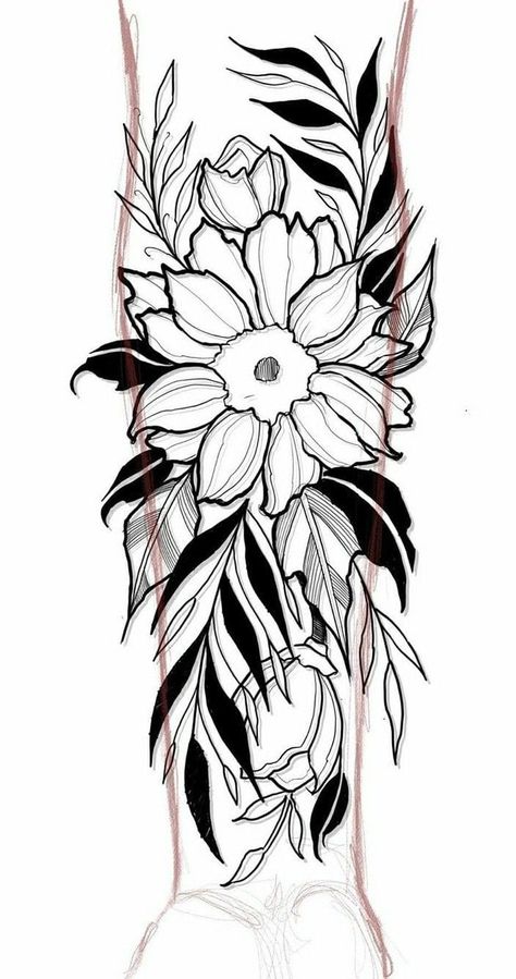 Flower Sleeve Drawing, Unique Woman Tattoo, Blackwork Floral Tattoo Design, Negative Flower Tattoo, Floral Tattoo Design Men, Floral Tattoo Design Drawings, Sleeve Stencils Tattoo Designs, Tattoo Sleeve Floral, Sleeve Floral Tattoo