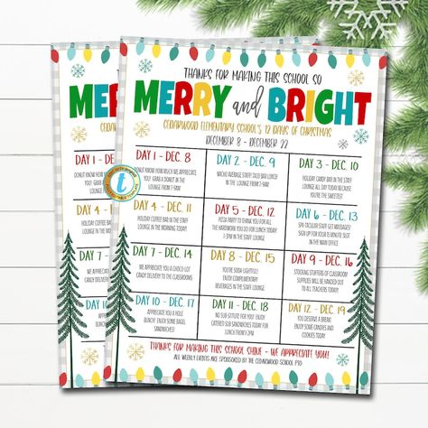 Printable Editable Holiday Teacher and Staff Appreciation Itinerary Christmas Merry and Bright Theme Winter Flyer Poster, Schedule of Events - Etsy Hospital Event Ideas, Winter Themed Teacher Appreciation, Winter Employee Appreciation, School Staff Holiday Activities, Office 12 Days Of Christmas Ideas, Holiday Teacher Appreciation Ideas, 12 Days Before Winter Break For Teachers, 12 Days Of Christmas For Staff, Winter Staff Appreciation Ideas