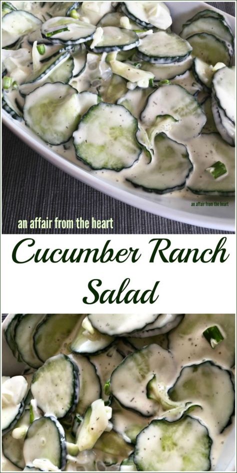 Cucumber Ranch Salad | An Affair from the Heart Ranch Salad Recipes, Cucumber Ranch, Cucumber Side, Healthy Cucumber Salad, Cucumber Onion Salad, Cucumber Salad Vinegar, Easy Cucumber Salad, Side Ideas, Cook Quinoa