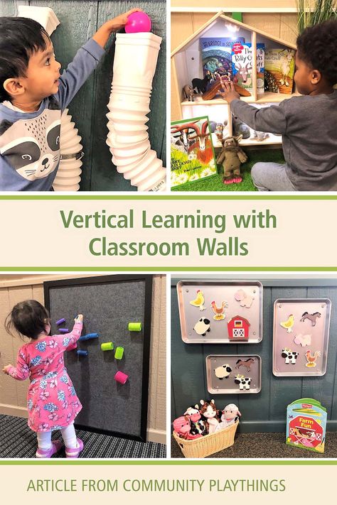 “Rather than thinking about classroom walls solely as a place to post “stuff”, start viewing walls as places for children to actively interact and engage. Begin using the classroom walls as a powerful learning tool and capture their power by creating vertical learning environments that offer children places to play, collaborate, manipulate, and learn.” This article by Sandra Duncan outlines creative ways to make the most of the wall space in your classroom. Infant Sensory Wall Ideas, Wall Ideas For Preschool Classroom, Daycare Interactive Wall, Vertical Learning Wall, Nursery Sensory Wall, Sensory Wall For Preschool, Sensory Wall Activities, Playroom Learning Wall, Sensory Wall Preschool