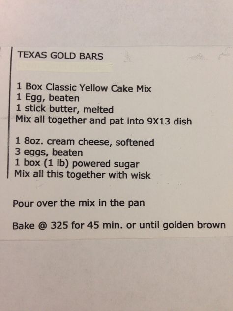 Texas Gold Bars (used yellow cake recipe from: http://www.cinnamonspiceandeverythingnice.com/best-one-bowl-yellow-cake-recipe/) Gold Bars Recipe, Texas Gold, Yellow Cake Recipe, Gold Bars, Just Eat It, Cake Bars, Gold Cake, Brownie Cake, Bars Recipe