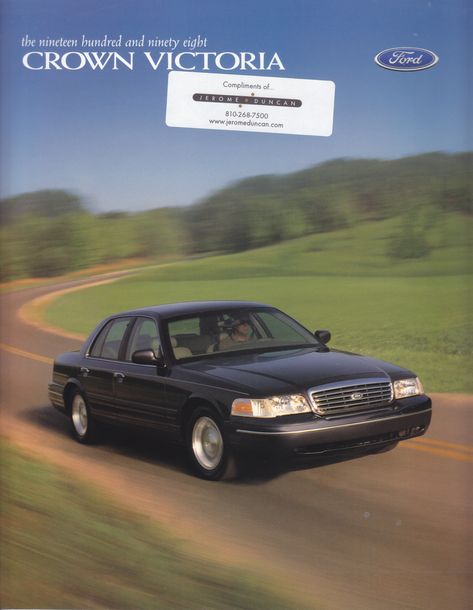 Ford Crown Victoria, sales brochure, USA, 1998 Fictional Car, Car Print Ads, Crown Vic, Chevy Impala Ss, Automobile Advertising, Ford Crown Victoria, Sales Brochure, Car Brochure, Cars Usa