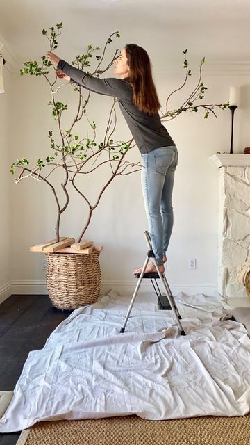 Jess & Matt ◎ Home Design Guides on Instagram: "“Where’d you get the branches?” “How’d you attach them?” “How much did it cost?” The story in my Stories today—AND on the blog (that lovely link in my profile👈😉)!             Song credit: Angie Rose, Limoblaze “Unstoppable”   #cornerofmyhome #diyprojects #livingroominspiration #thinkcreatively #simpledesign #warmminimalism #cozyminimalist #naturalhome #doingneutralright #diyhome #lightandbright #simplehomewelove #earthinspiredhome #bloggervibe Fake Tree Diy, Fake Indoor Trees, Faux Tree Branches, Faux Trees, Tree Branch Decor, Faux Branches, Branches Diy, Diy Ottoman, Indoor Tree