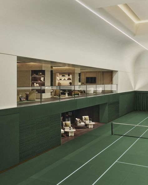 Chelsea Barracks | Game. Set. Matchless. Discover Centre Court at Chelsea Barracks, a hidden gem of a court concealed within the new health club offering at… | Instagram Cool Tennis Courts, Sports Club Interior Design, Indoor Pickle Ball Court, Tennis Club Interior Design, Tennis Club Interior, Tennis Club House, Indoor Pickleball Court, Club House Design, Pickle Ball Courts