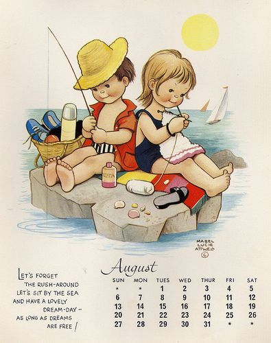 August 1967 | Flickr - Photo Sharing/ Mabel Lucie Attwell Lucy Atwell, Vintage Calendar, Postal Vintage, Rhyming Books, Holly Hobbie, Illustration Vintage, Classic Cartoons, Beach Time, Childrens Illustrations