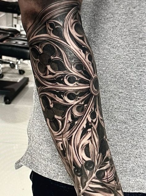 Gothic Pattern Tattoo, Gothic Building Tattoo, Church Window Tattoo Design, Rose Window Tattoo Design, Gothic Sleeve Tattoo, Church Window Tattoo, Cathedral Window Tattoo, Filligree Tattoos, Architectural Tattoo